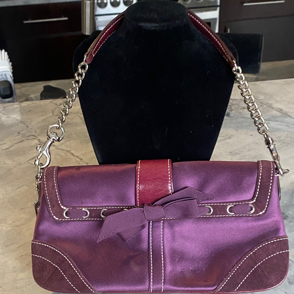 Coach Burgundy Satin Clutch with Silver Chain - Picture 2 of 6